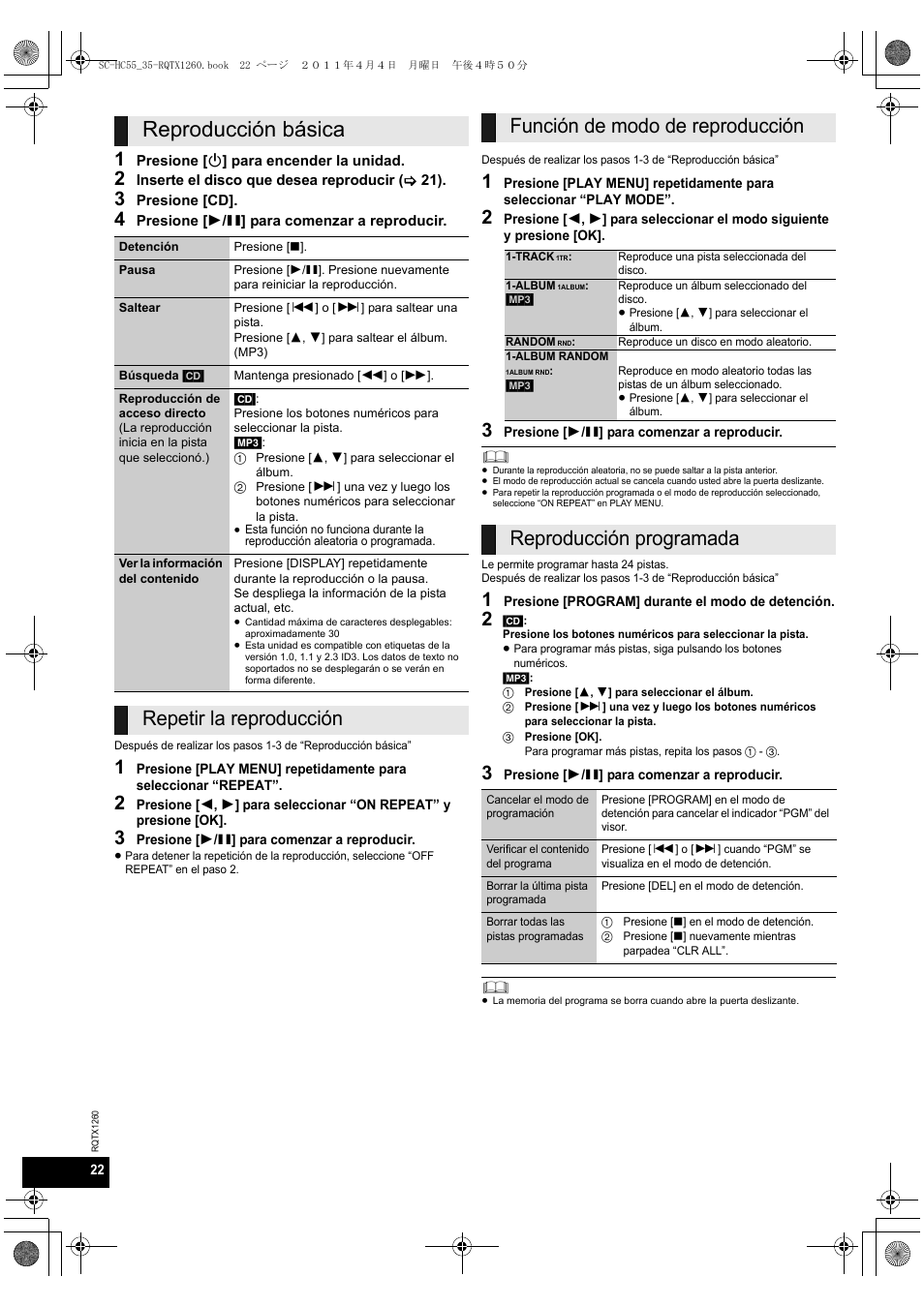 Reproducción básica, Reproducción programada | Panasonic SC-HC35 User Manual | Page 22 / 28