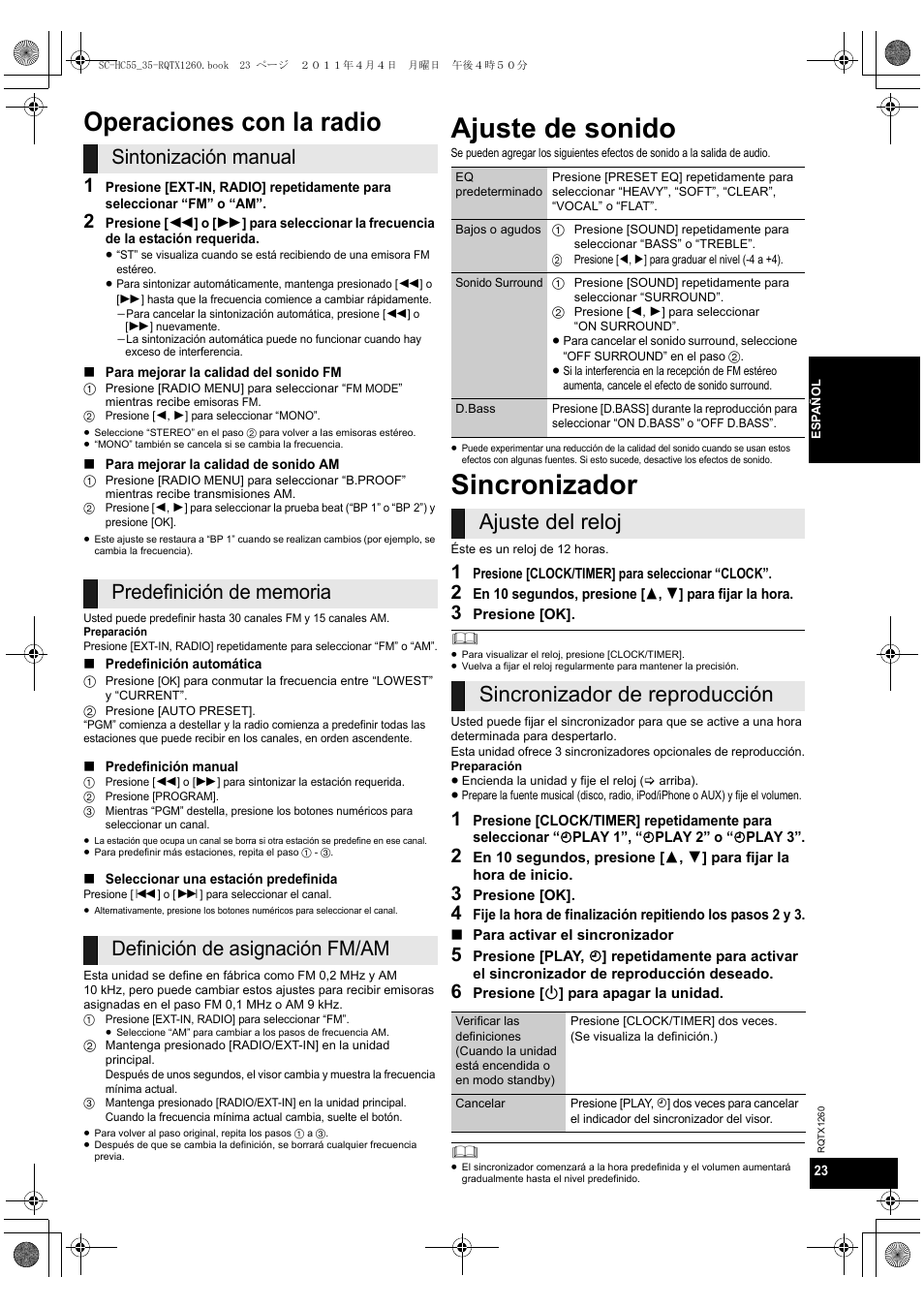 Ajuste de sonido, Sincronizador, Operaciones con la radio | Ajuste del reloj sincronizador de reproducción | Panasonic SC-HC35 User Manual | Page 23 / 28