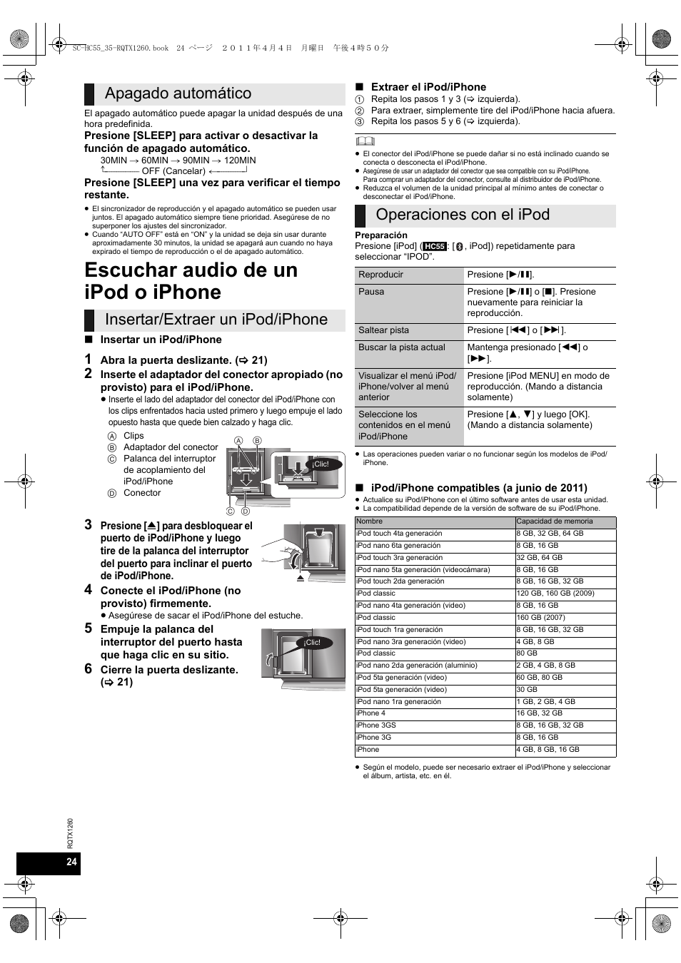 Escuchar audio de un ipod o iphone, Apagado automático insertar/extraer un ipod/iphone, Operaciones con el ipod | Panasonic SC-HC35 User Manual | Page 24 / 28