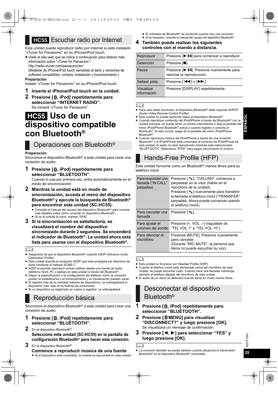 Reproducción básica, Hands-free profile (hfp), Desconectar el dispositivo bluetooth | Panasonic SC-HC35 User Manual | Page 25 / 28