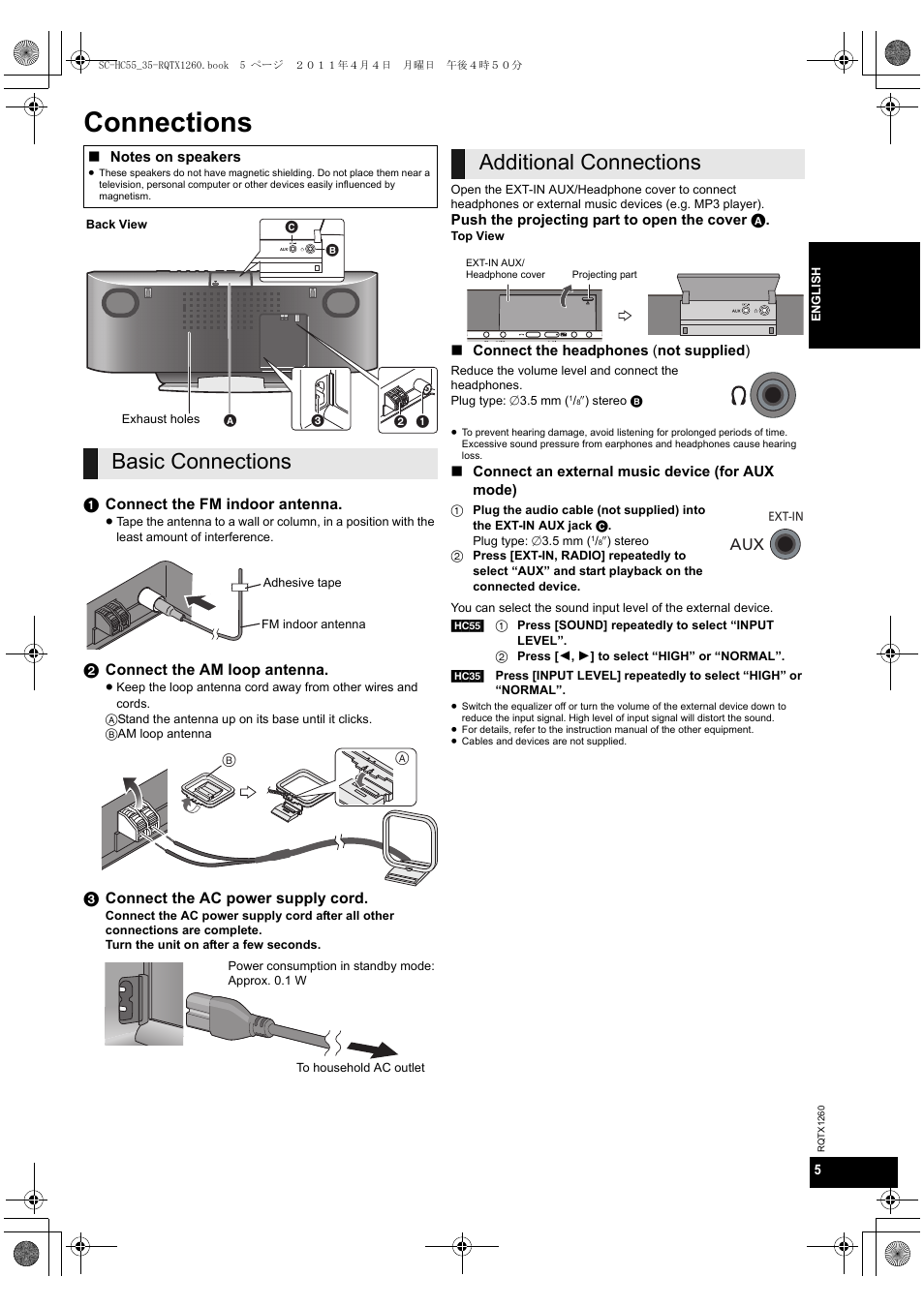 Connections, Basic connections, Additional connections | Panasonic SC-HC35 User Manual | Page 5 / 28