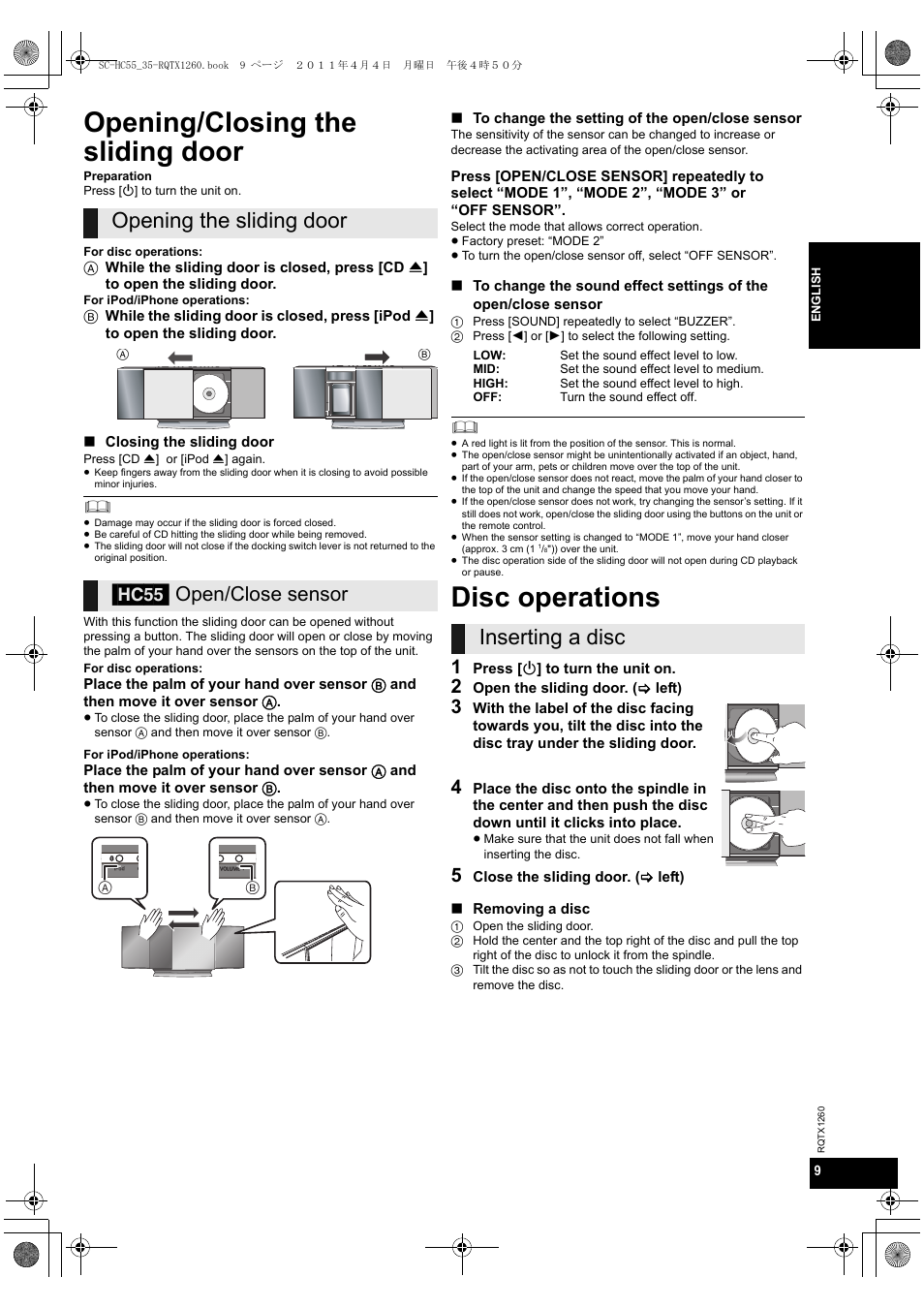 Opening/closing the sliding door, Disc operations, Opening the sliding door [hc55 | Inserting a disc, Open/close sensor | Panasonic SC-HC35 User Manual | Page 9 / 28