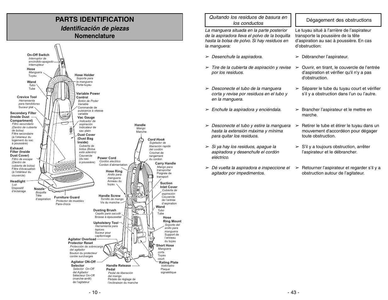 Parts identification, Identificacion de piezas, Nomenclature | Identificación de piezas nomenclature, On off | Panasonic MC-V7388 User Manual | Page 10 / 52