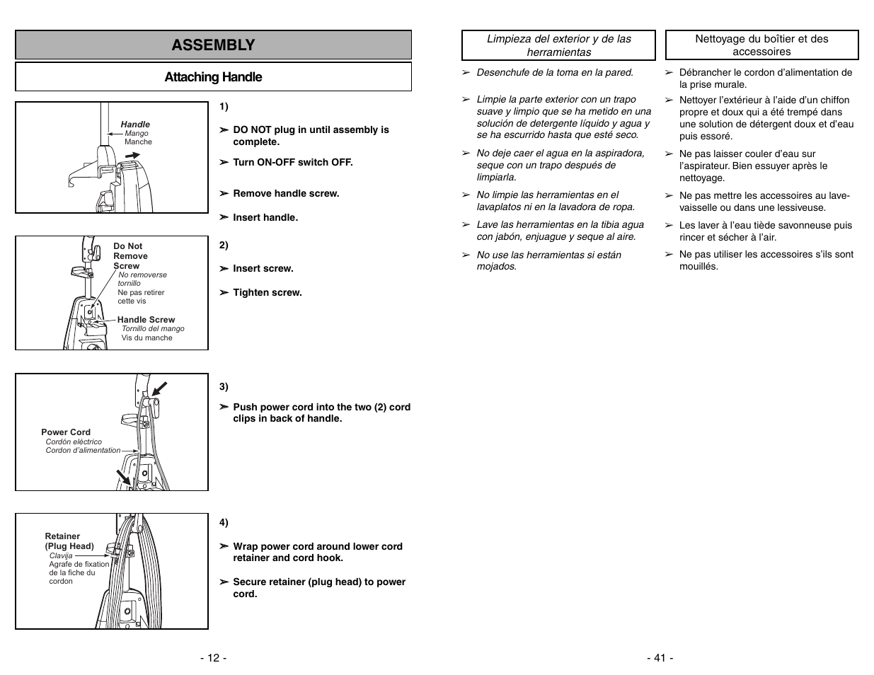 Assembly, Attaching handle | Panasonic MC-V7388 User Manual | Page 12 / 52