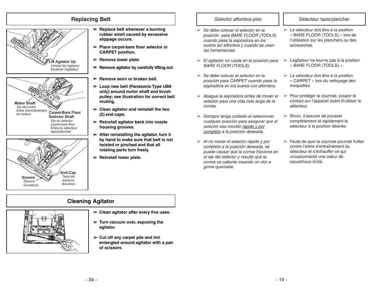 Selector alfombra-piso, Selecteur tapis/plancher, Replacing belt | Cleaning agitator | Panasonic MC-V7388 User Manual | Page 19 / 52