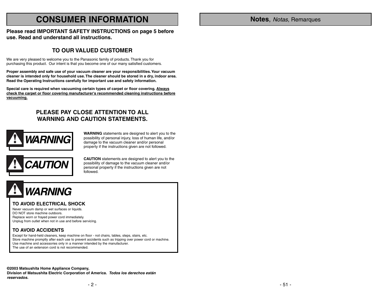 Consumer information, Warning, Caution | Panasonic MC-V7388 User Manual | Page 2 / 52