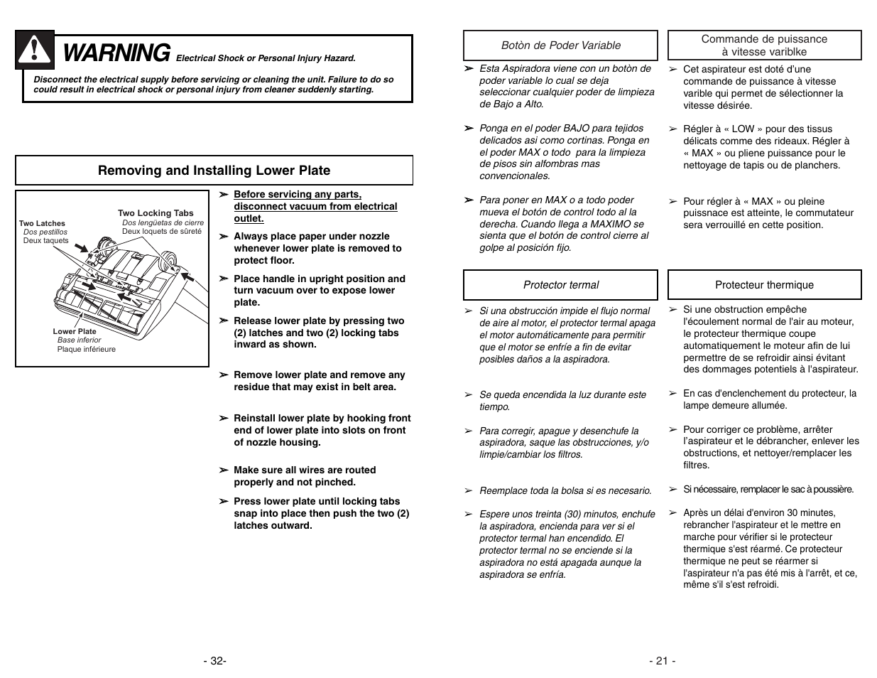 Boton de poder variable, Protector termal, Commande de puissance a vitesse variable | Protecteur thermique, Warning, Removing and installing lower plate | Panasonic MC-V7388 User Manual | Page 21 / 52