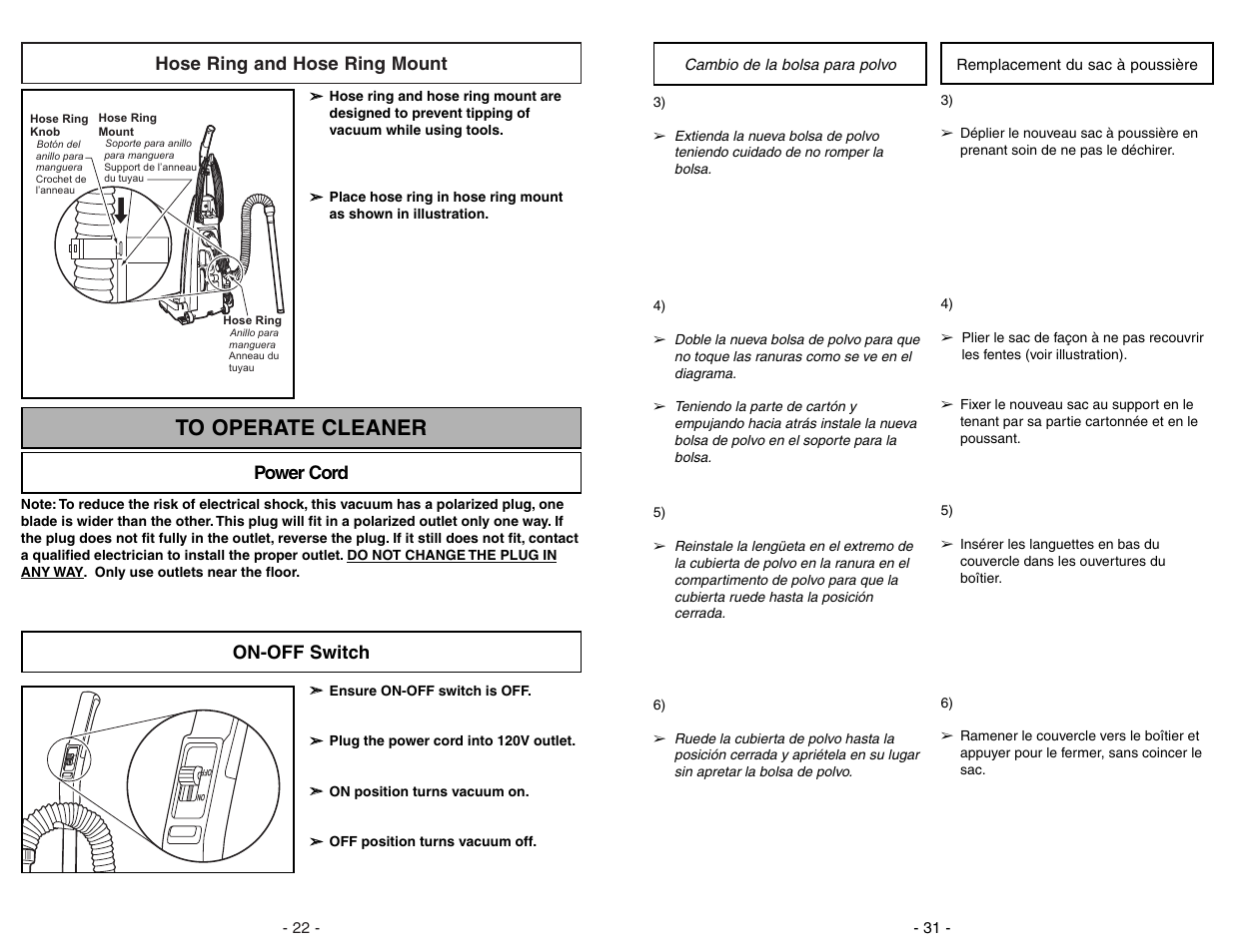 Hose ring and hose ring mount, To operate cleaner, Power cord | On-off switch | Panasonic MC-V7388 User Manual | Page 22 / 52