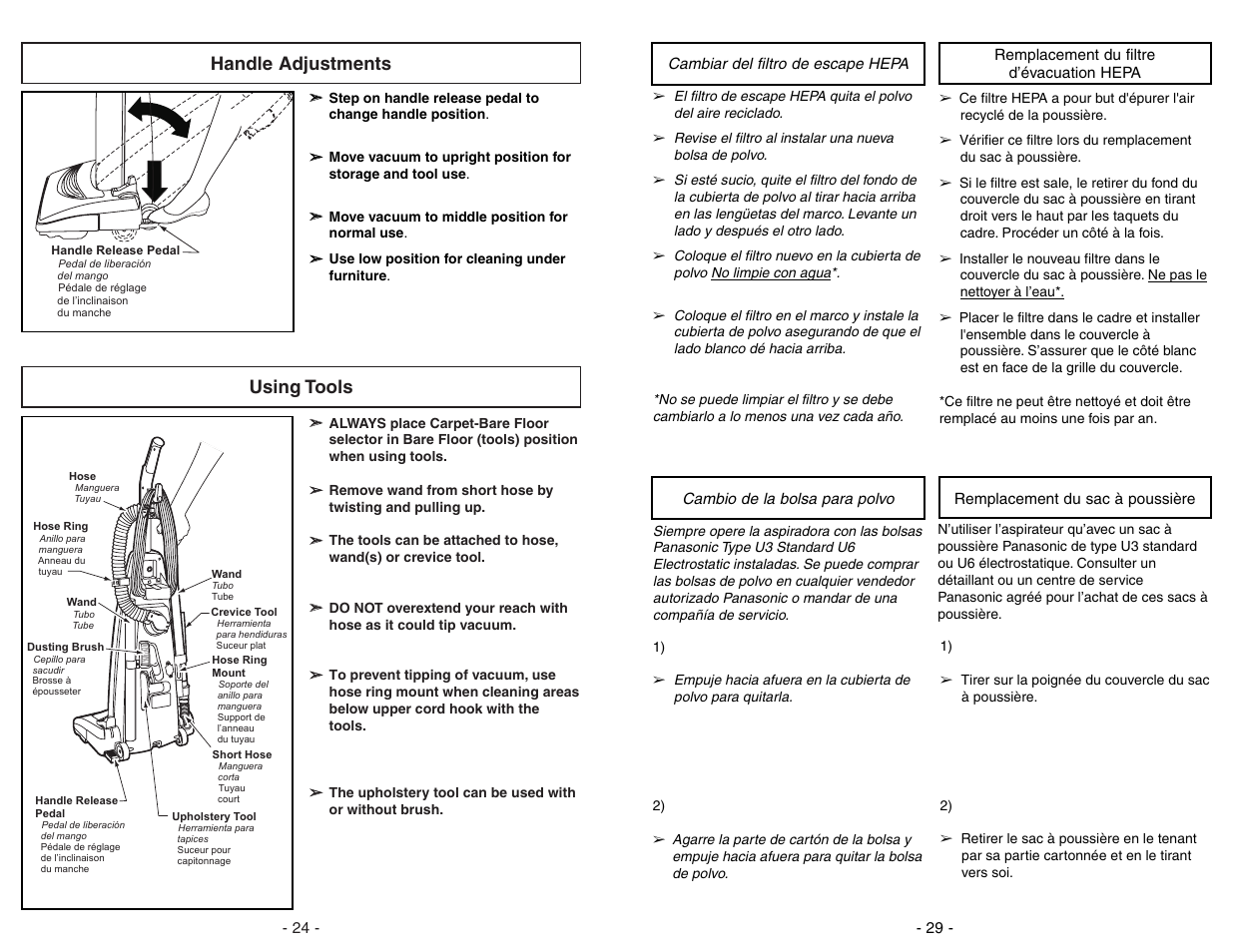 Handle adjustments, Using tools, Handle adjustments using tools | Panasonic MC-V7388 User Manual | Page 24 / 52