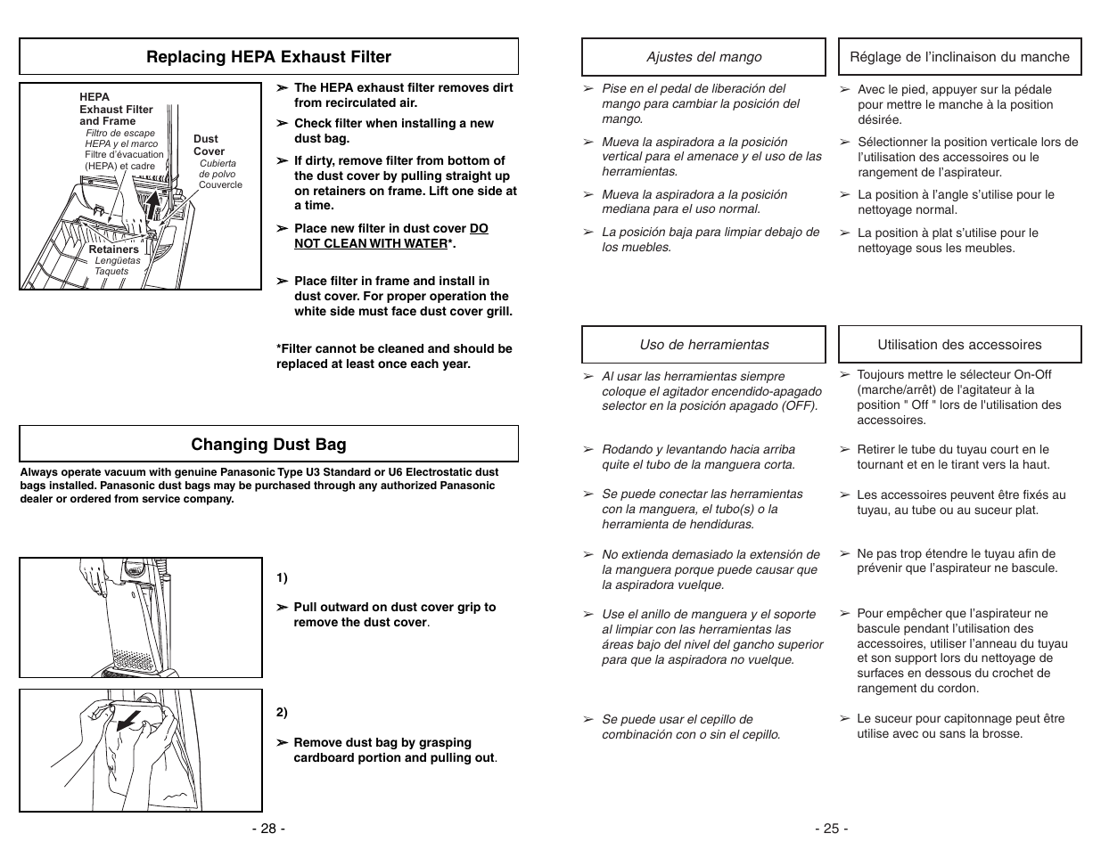 Ajustes del mango, Uso de herramientas, Reglage de l'inclinaison du manche | Utilisation des accessoires, Replacing hepa exhaust filter, Changing dust bag, Power control max, Car pet bar efl oor (too ls) | Panasonic MC-V7388 User Manual | Page 25 / 52