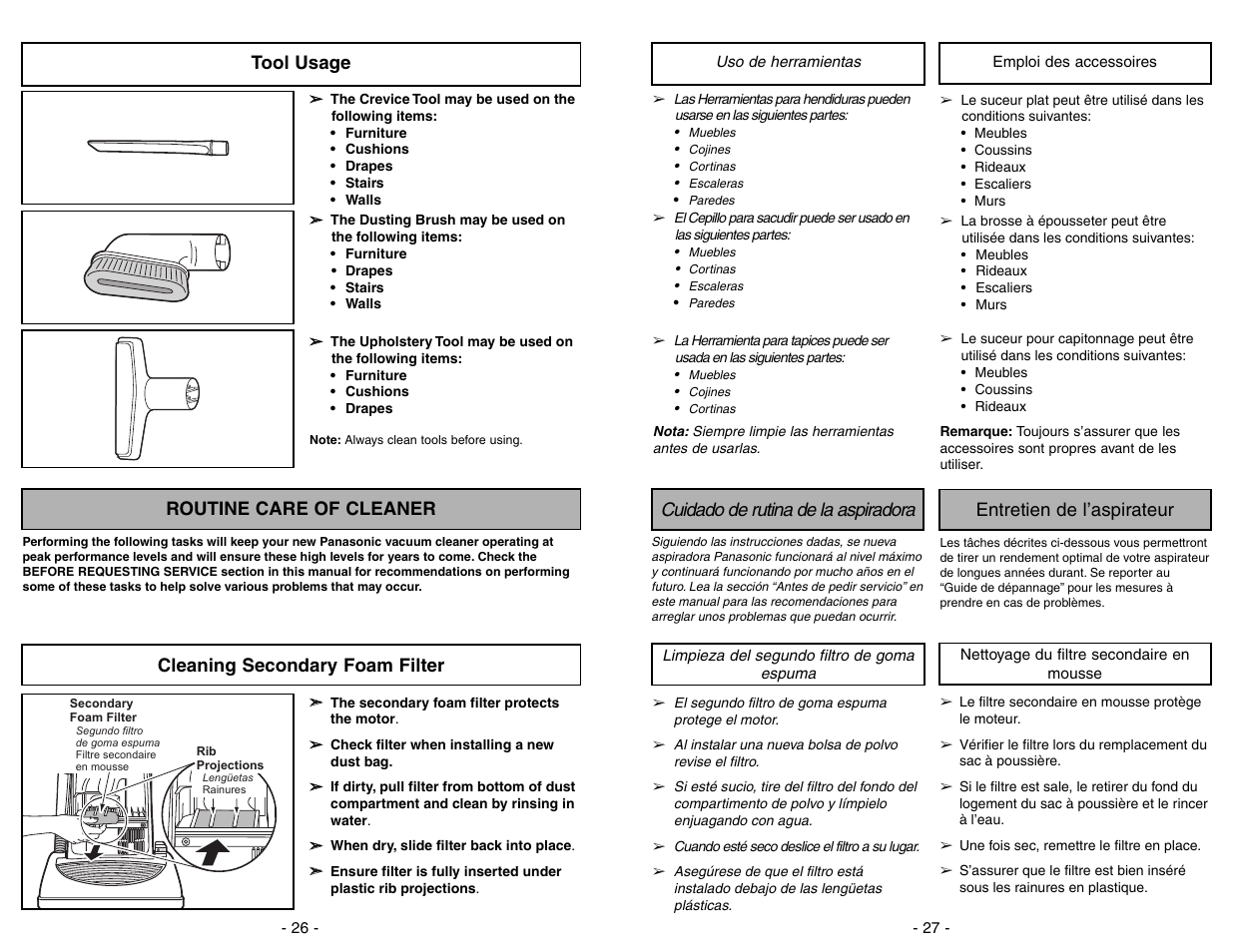 Uso de herramientas, Cuidado de rutina de la aspiradora, Limpieza del segundo filtro de goma espuma | Utilisation des accessoires, Entretien de l'aspirateur, Nettoyage du filtre secondaire en mousse, Tool usage, Routine care of cleaner, Cleaning secondary foam filter, Carpet barefloor (tools) | Panasonic MC-V7388 User Manual | Page 27 / 52