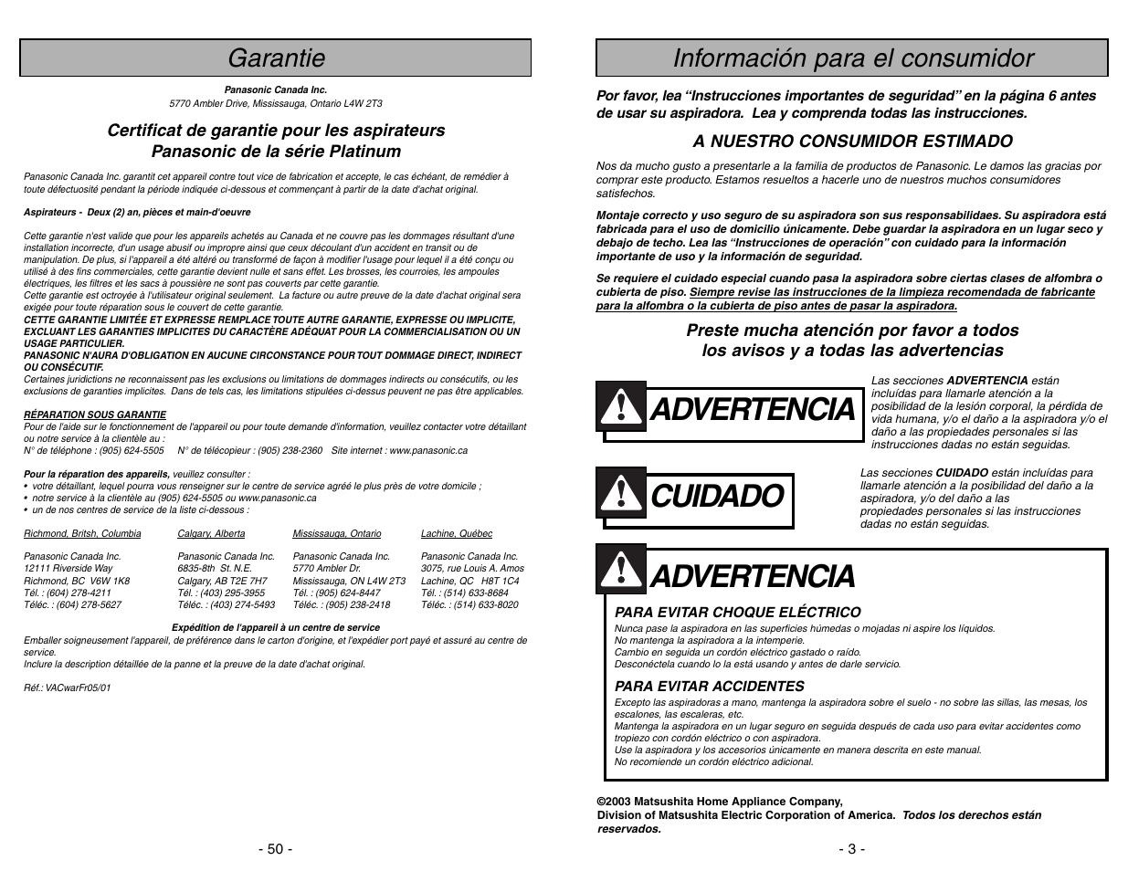 Informacion para consumidor, Advertencia, Cuidado | Información para el consumidor, Garantie, A nuestro consumidor estimado | Panasonic MC-V7388 User Manual | Page 3 / 52