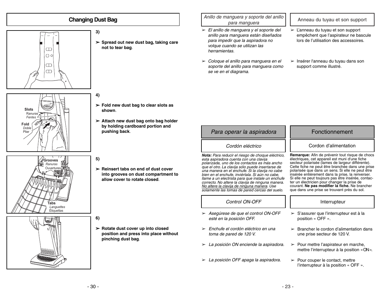 Para operar la aspiradora fonctionnement, Power control max car pet bar efl oor (to ols ), Changing dust bag | Panasonic MC-V7388 User Manual | Page 30 / 52