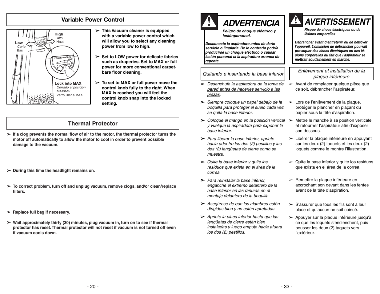 Cambiar y insertar de la base inferior, Enlevement et installation de la plaque inferieure, Advertencia | Avertissement, Thermal protector, Variable power control | Panasonic MC-V7388 User Manual | Page 33 / 52