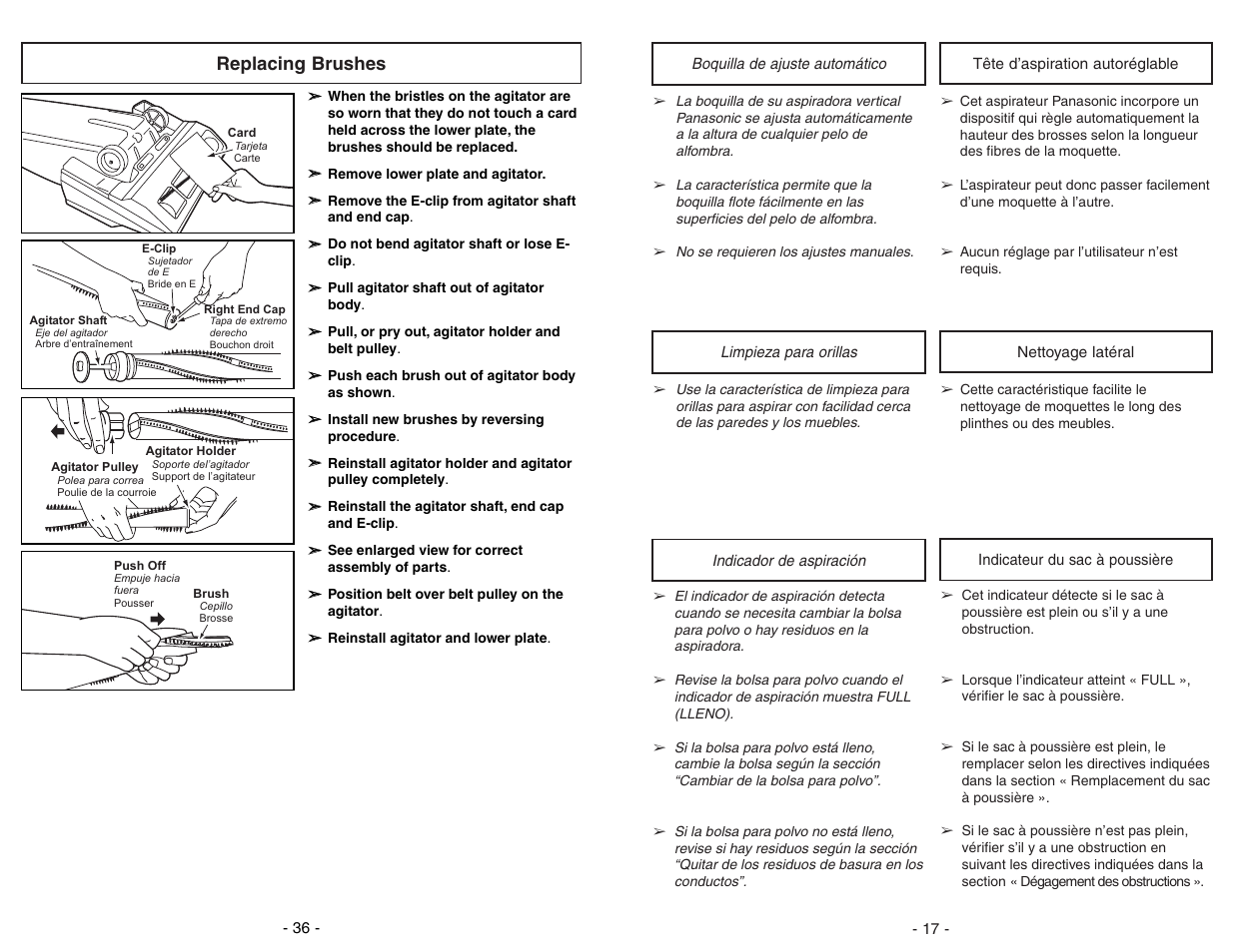 Replacing brushes | Panasonic MC-V7388 User Manual | Page 36 / 52