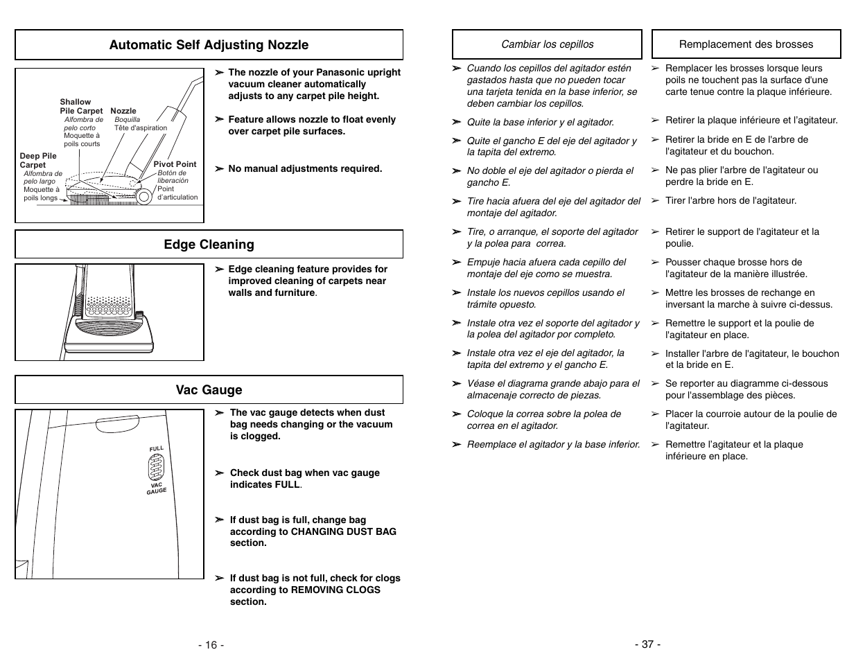 Cambiar los cepillos, Remplacement des brosses, Edge cleaning automatic self adjusting nozzle | Vac gauge carpet bare floor | Panasonic MC-V7388 User Manual | Page 37 / 52