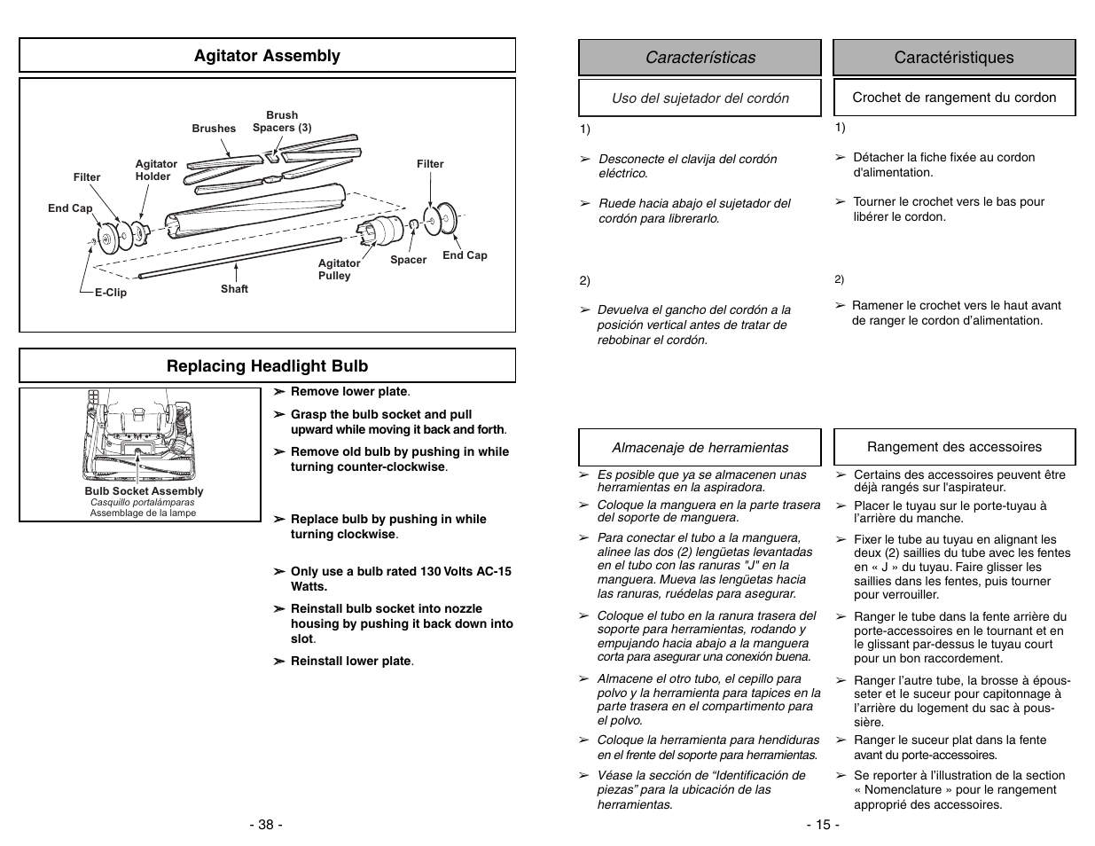 Agitator assembly, Replacing headlight bulb, Características caractéristiques | Panasonic MC-V7388 User Manual | Page 38 / 52