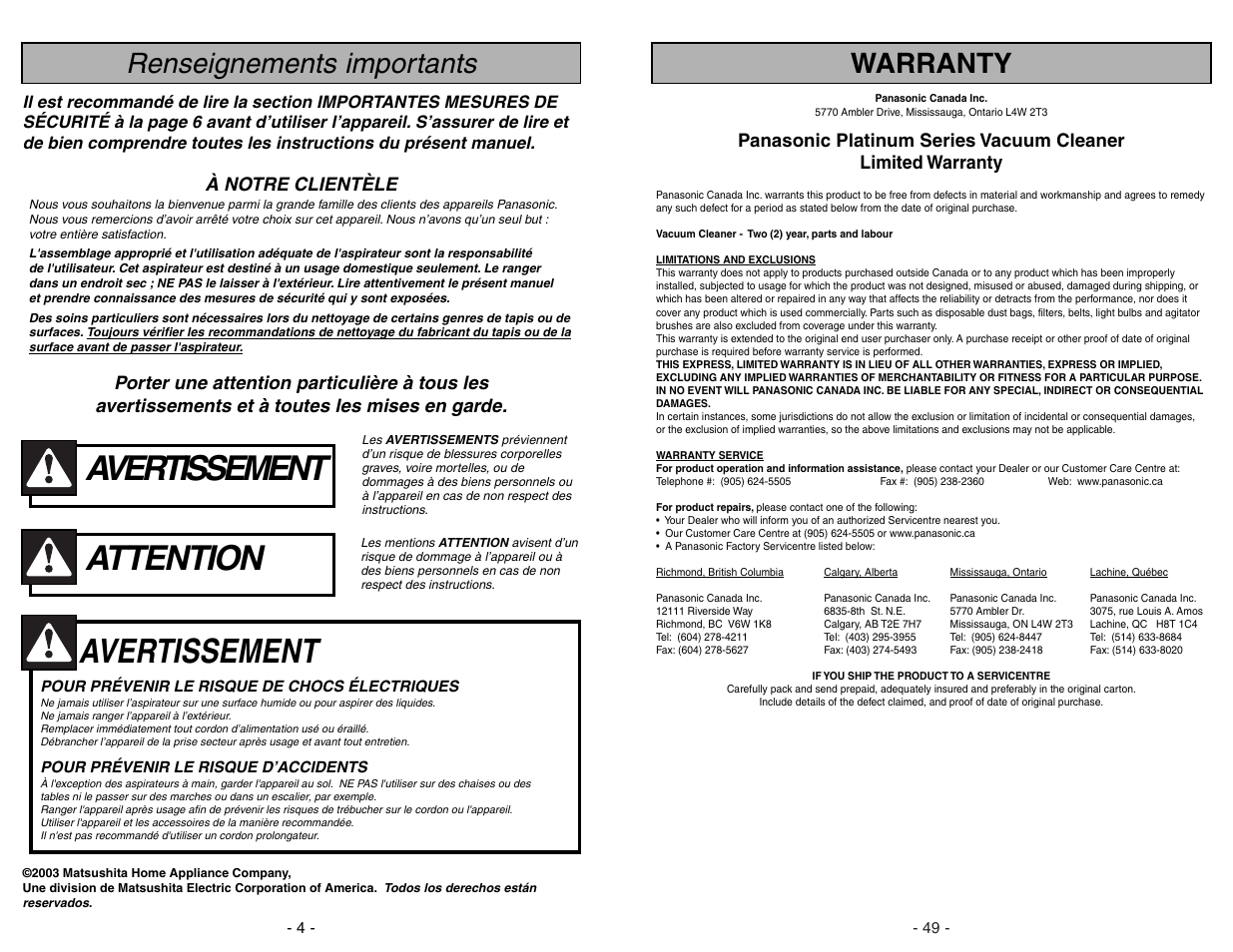 Renseignements importants, Attention, Avertissement | Warranty, À notre clientèle | Panasonic MC-V7388 User Manual | Page 4 / 52