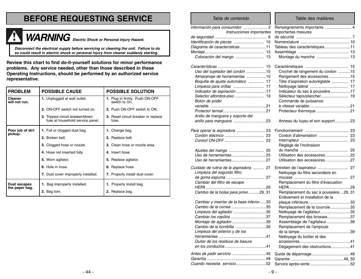 Before requesting service, Warning | Panasonic MC-V7388 User Manual | Page 44 / 52