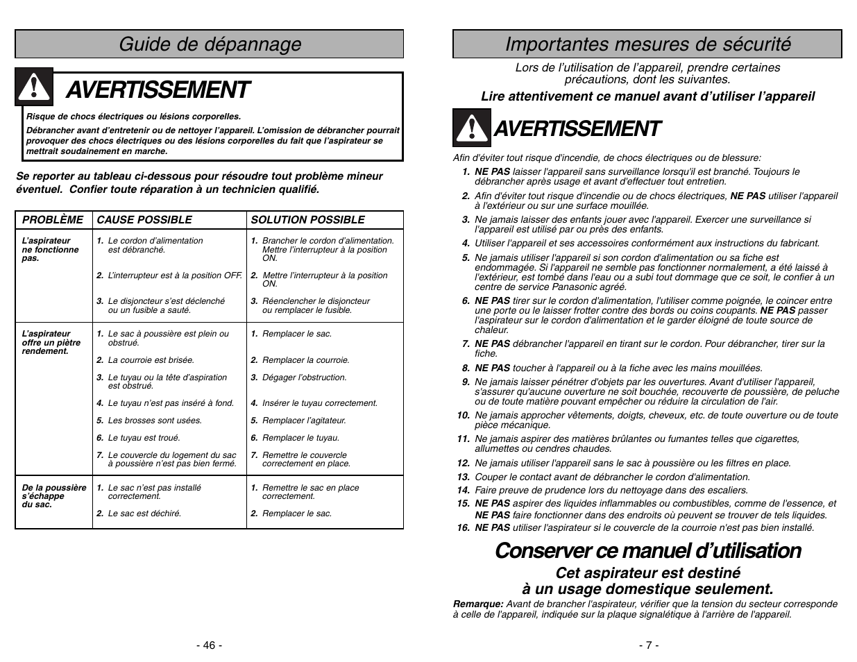 Guide de depannage, Avertissement, Conserver ce manuel d’utilisation | Importantes mesures de sécurité, Guide de dépannage | Panasonic MC-V7388 User Manual | Page 46 / 52