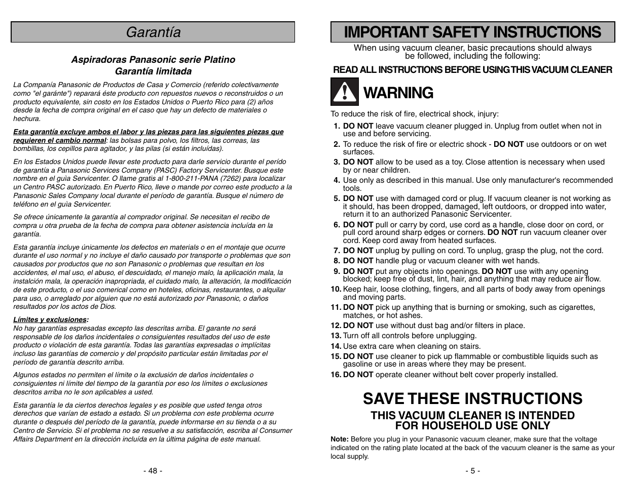 Garantia, Warning, Save these instructions | Important safety instructions, Garantía | Panasonic MC-V7388 User Manual | Page 48 / 52