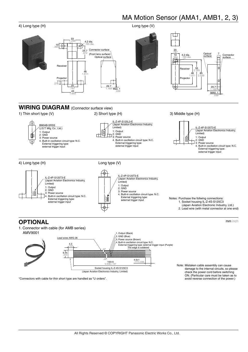 Ma motion sensor (ama1, amb1, 2, 3), Wiring diagram, Optional | Connector surface view), 4) long type (h) long type (v), Connector with cable (for amb series) amv9001 | Panasonic MA Motion Sensor Series User Manual | Page 10 / 11