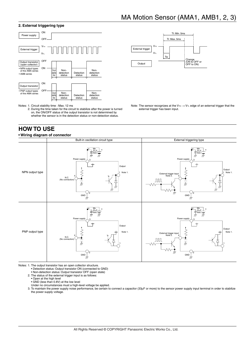 Ma motion sensor (ama1, amb1, 2, 3), How to use, External triggering type | Wiring diagram of connector | Panasonic MA Motion Sensor Series User Manual | Page 8 / 11
