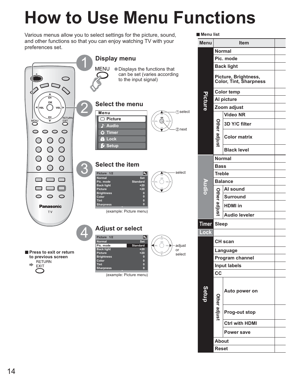 How to use menu functions, Display menu, Select the menu | Adjust or select select the item | Panasonic TC-26LE60 User Manual | Page 14 / 56