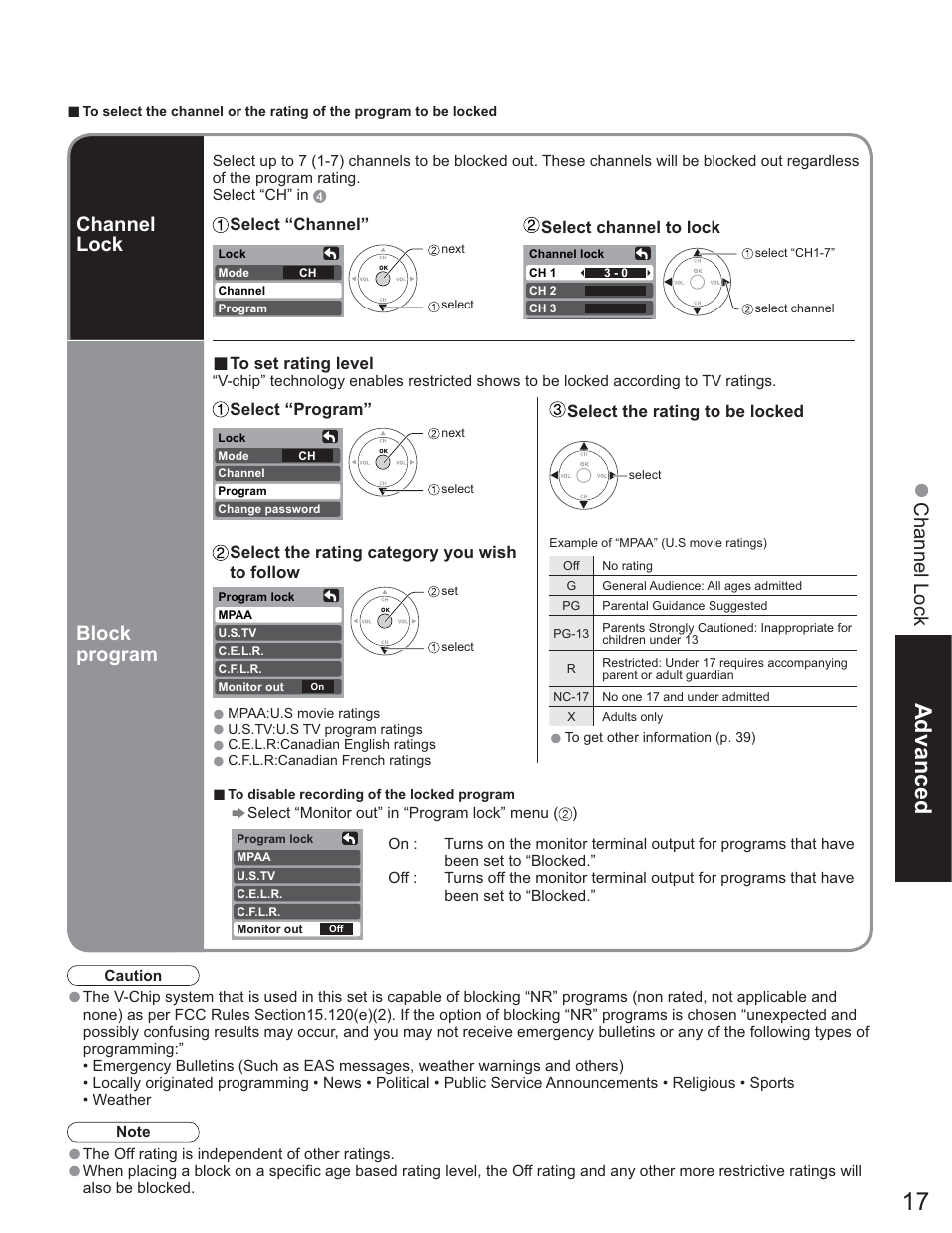 Advanced, Channel lock, Channel lock block program | Panasonic TC-26LE60 User Manual | Page 17 / 56