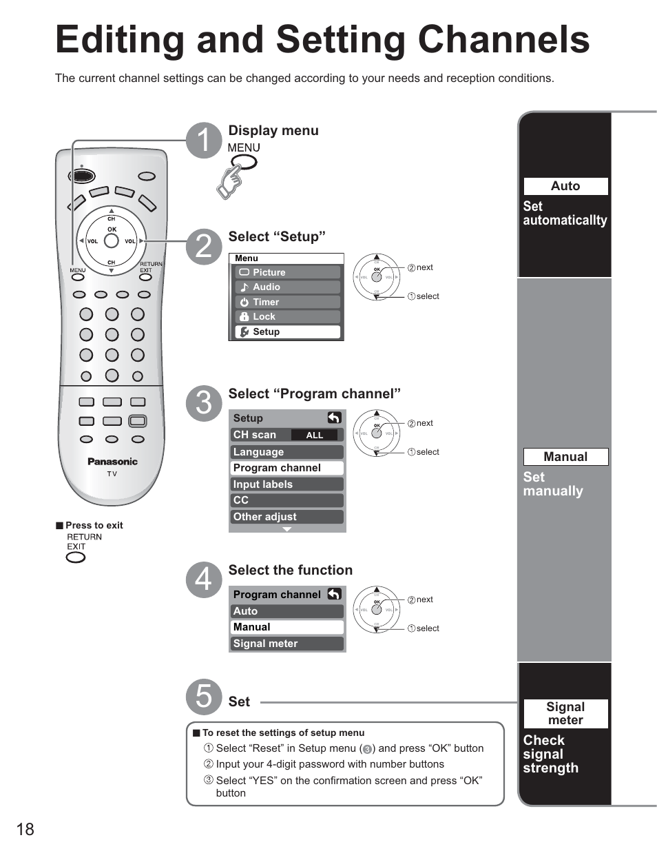 Editing and settng channels, Editing and setting channels | Panasonic TC-26LE60 User Manual | Page 18 / 56