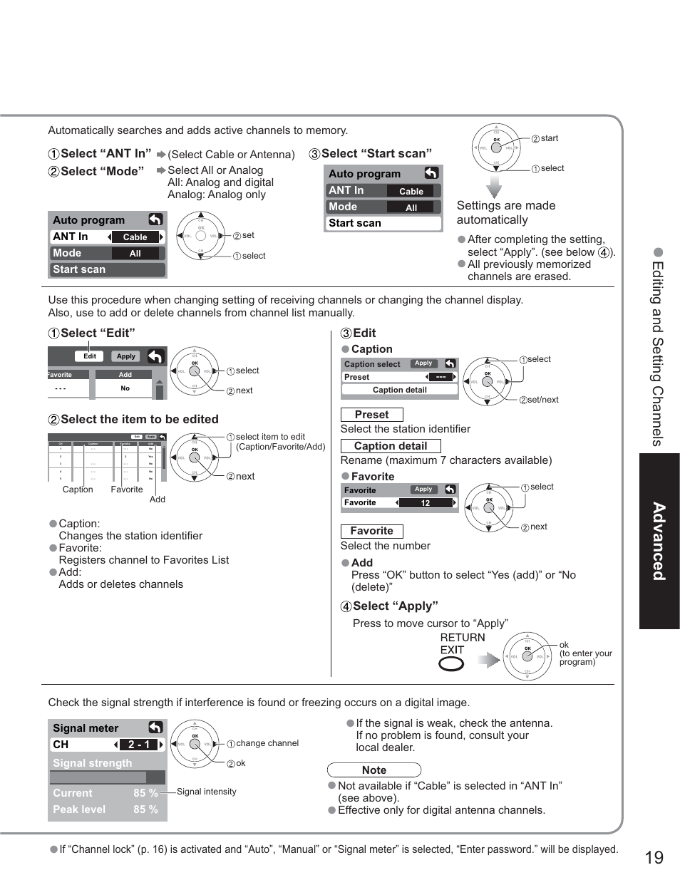Advanced, Editing and setting channels | Panasonic TC-26LE60 User Manual | Page 19 / 56