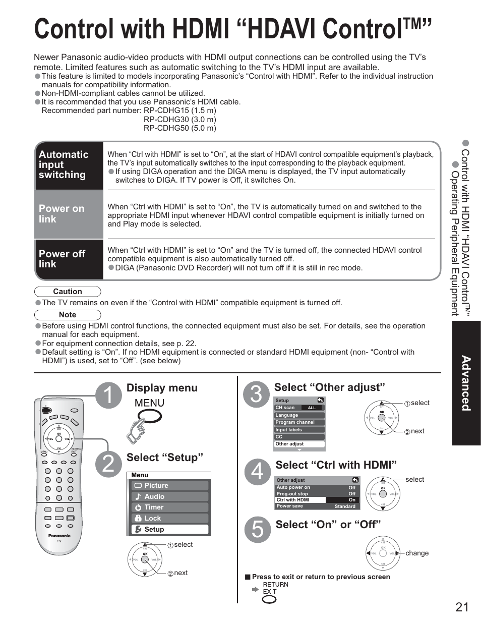 Control with hdmi "hdavi control tm, Control with hdmi “hdavi control | Panasonic TC-26LE60 User Manual | Page 21 / 56