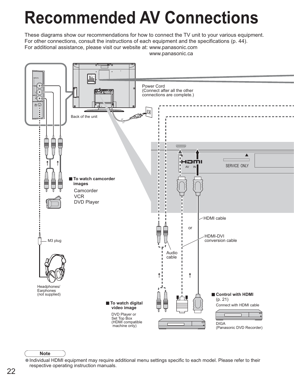 Recommended av connections | Panasonic TC-26LE60 User Manual | Page 22 / 56