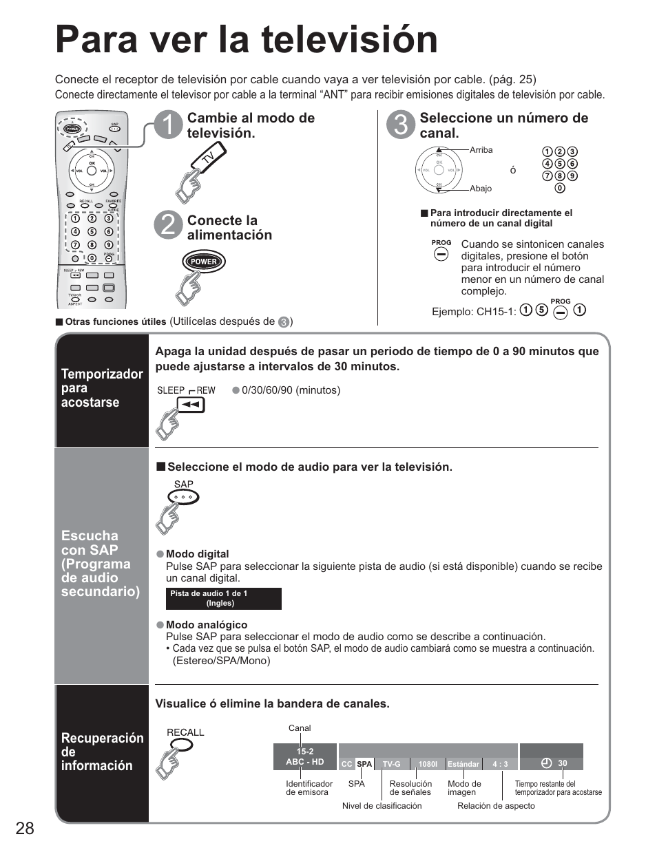 Para ver la television, Para ver la televisión | Panasonic TC-26LE60 User Manual | Page 28 / 56