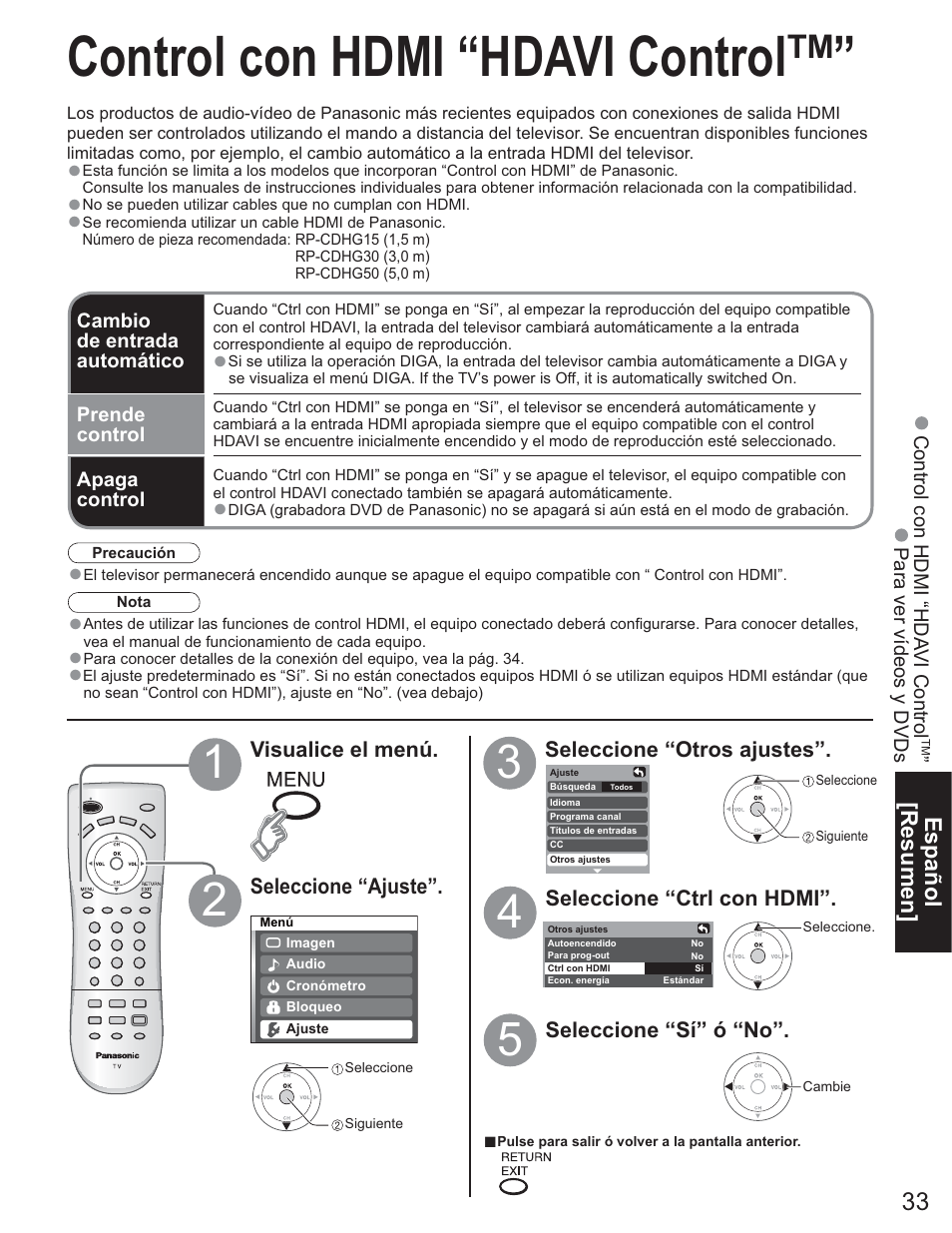 Control con hdmi "hdavi control tm, Control con hdmi “hdavi control | Panasonic TC-26LE60 User Manual | Page 33 / 56