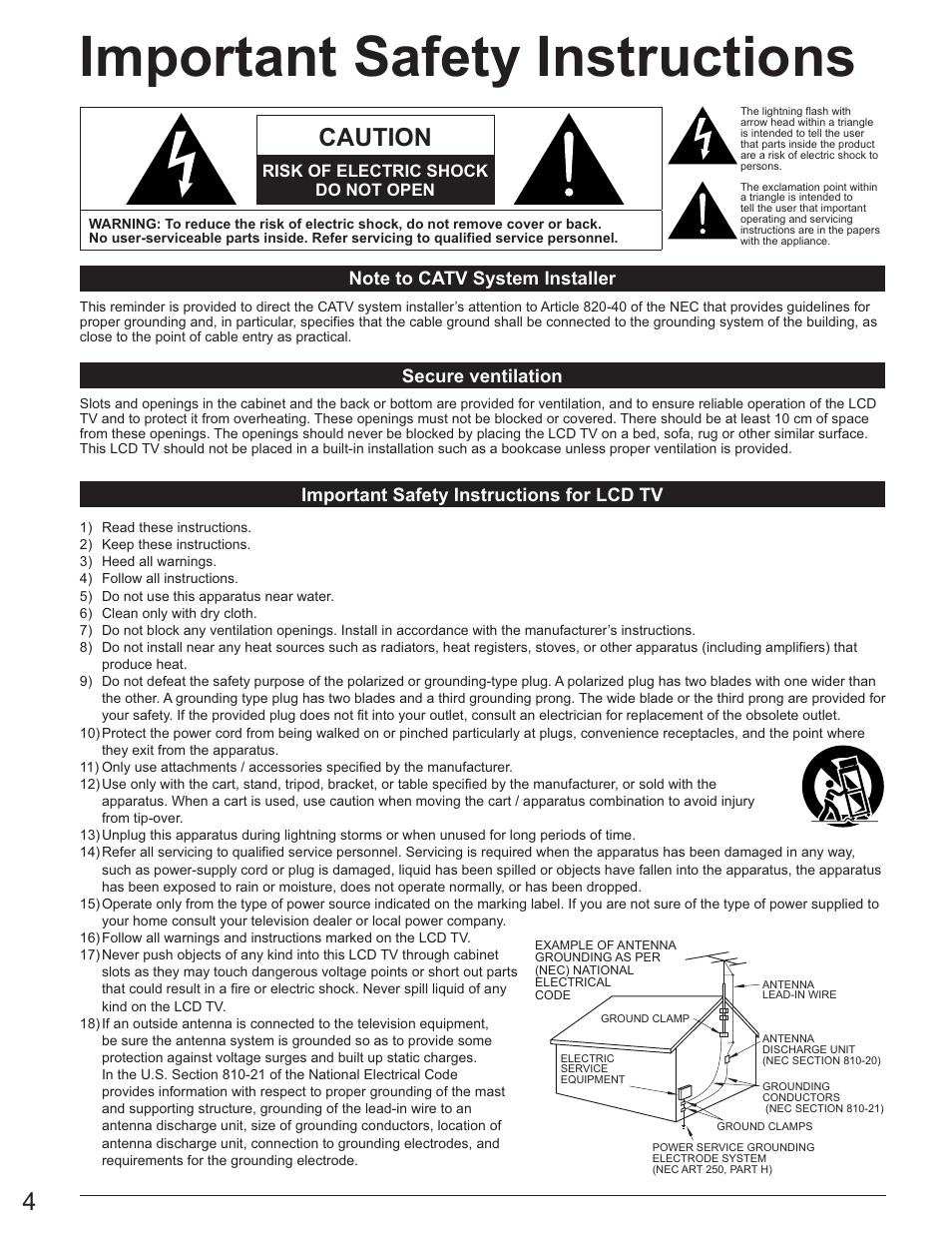 Important safety instructions, Caution | Panasonic TC-26LE60 User Manual | Page 4 / 56