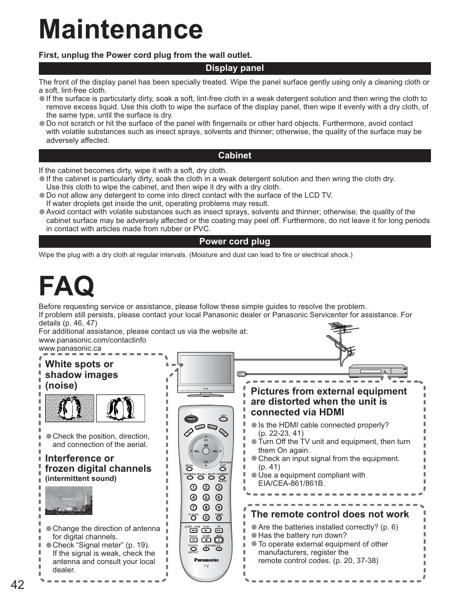 Maintenance, Faq maintenance | Panasonic TC-26LE60 User Manual | Page 42 / 56