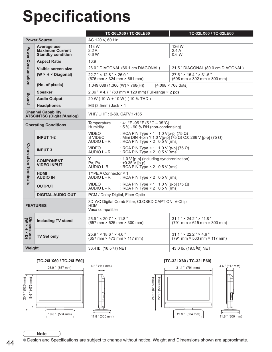 Specifications | Panasonic TC-26LE60 User Manual | Page 44 / 56