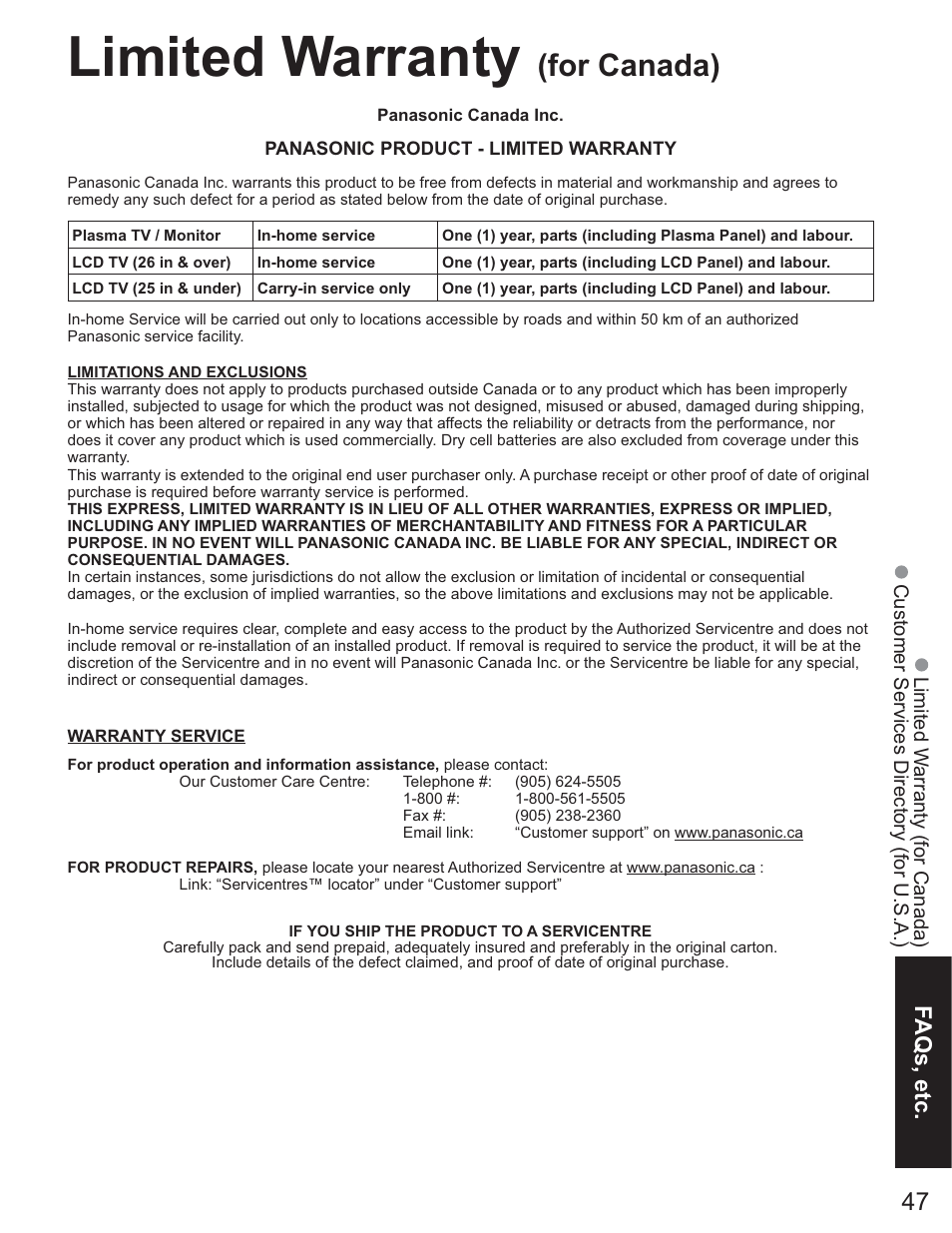 Limited warranty (for canada), Limited warranty, For canada) | Faqs, etc | Panasonic TC-26LE60 User Manual | Page 47 / 56