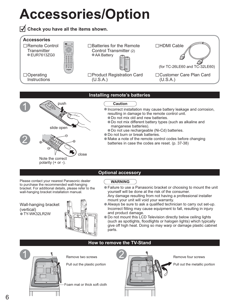 Quick start guide, Accessories/option | Panasonic TC-26LE60 User Manual | Page 6 / 56