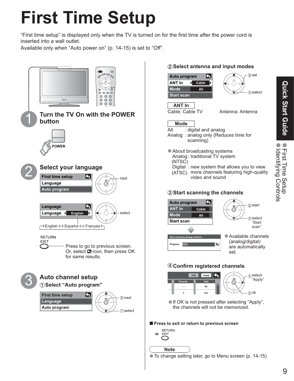 First time setup, Quick start guide, First t ime setup identifying controls | Auto channel setup | Panasonic TC-26LE60 User Manual | Page 9 / 56