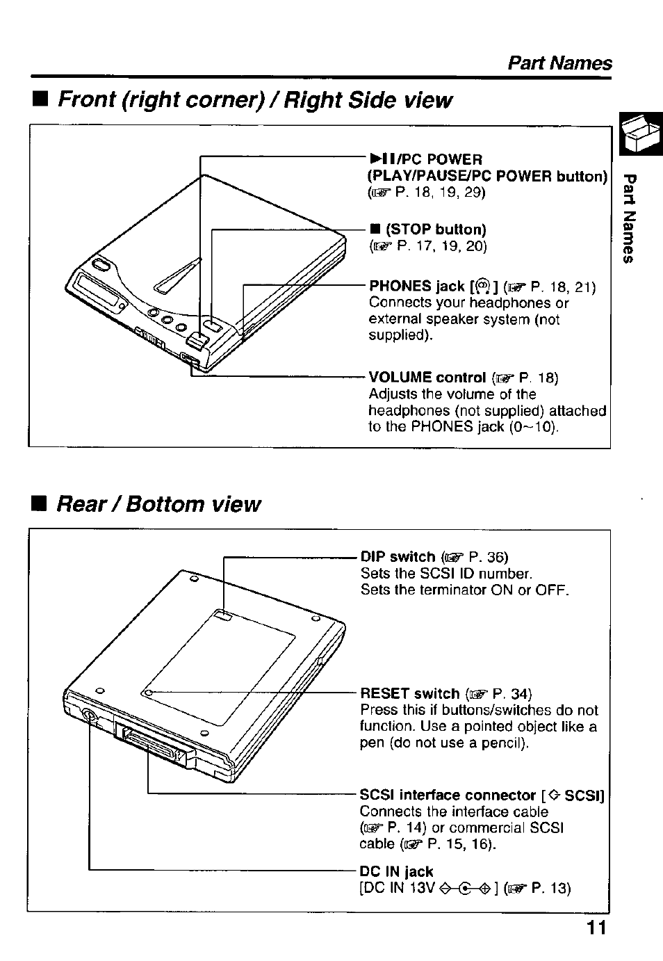 Front (right corner) / right side view, Rear/bottom view, Part names | Panasonic Portable CD-Rom Player KXL-810A User Manual | Page 11 / 44