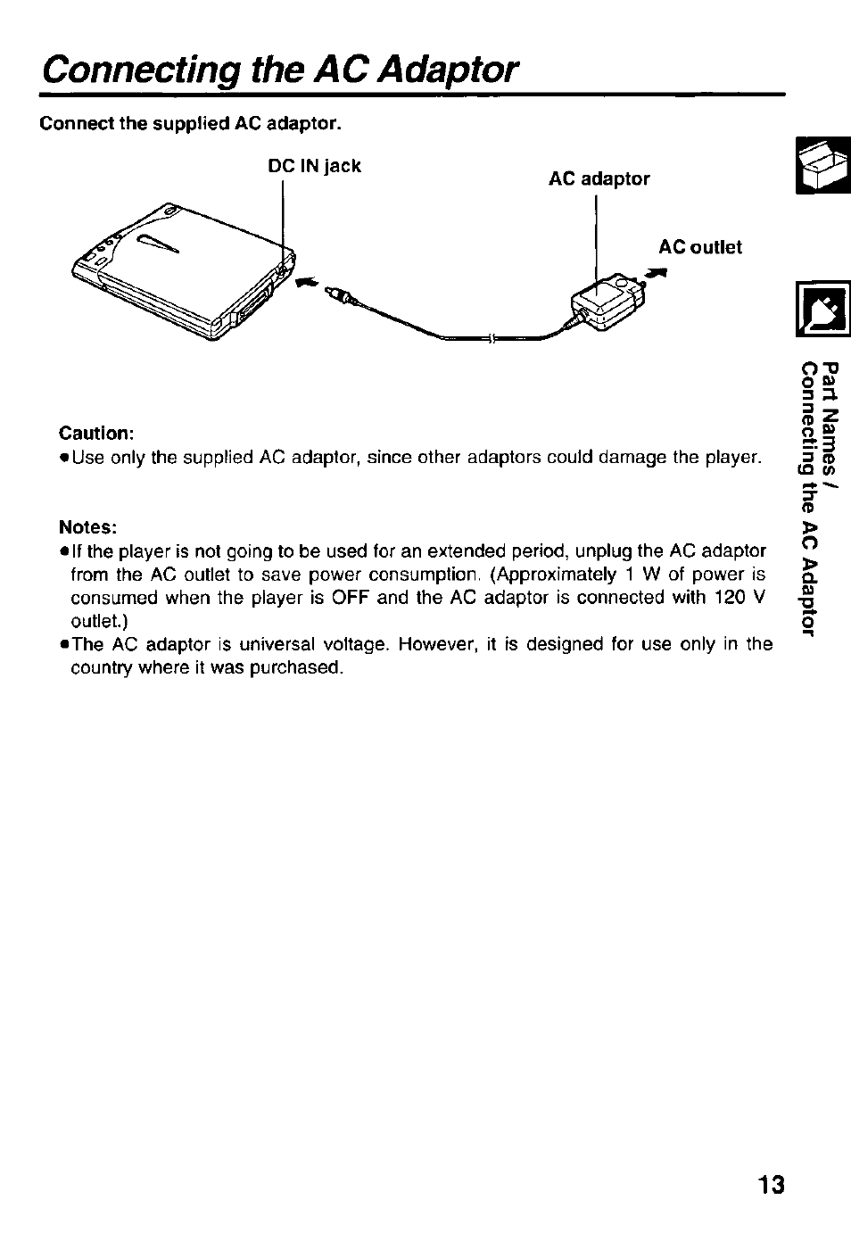Connecting the ac adaptor | Panasonic Portable CD-Rom Player KXL-810A User Manual | Page 13 / 44