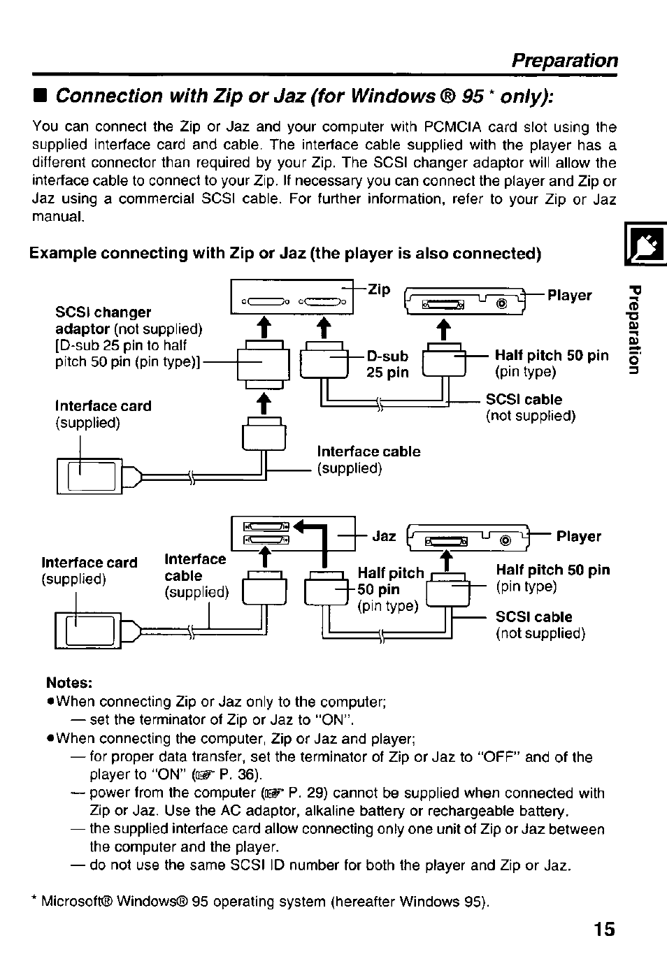 Connection with zip or jaz (for windows, Only), Preparation | Panasonic Portable CD-Rom Player KXL-810A User Manual | Page 15 / 44