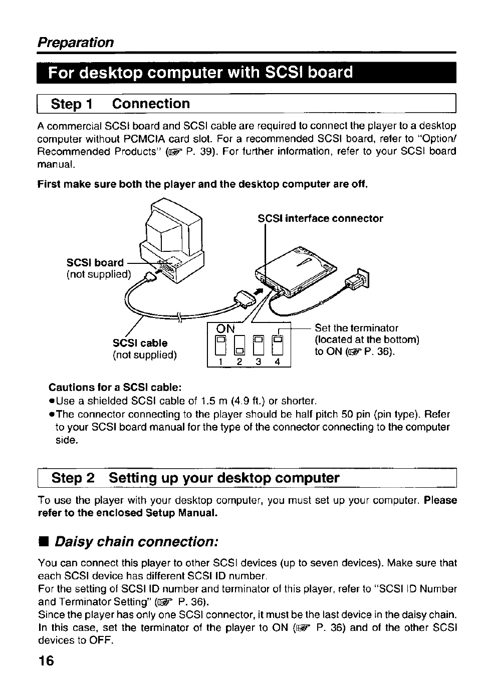 For desktop computer with scsi board, Daisy chain connection, Preparation | Step 1 connection, Step 2 setting up your desktop computer | Panasonic Portable CD-Rom Player KXL-810A User Manual | Page 16 / 44