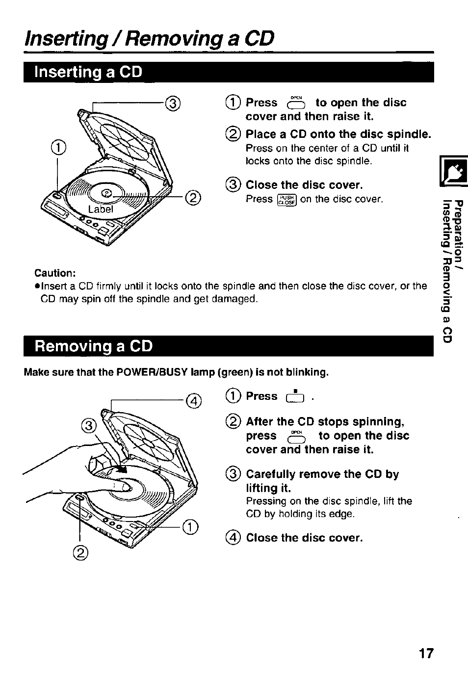 Inserting /removing a cd, Inserting a cd, Removing a cd | Panasonic Portable CD-Rom Player KXL-810A User Manual | Page 17 / 44