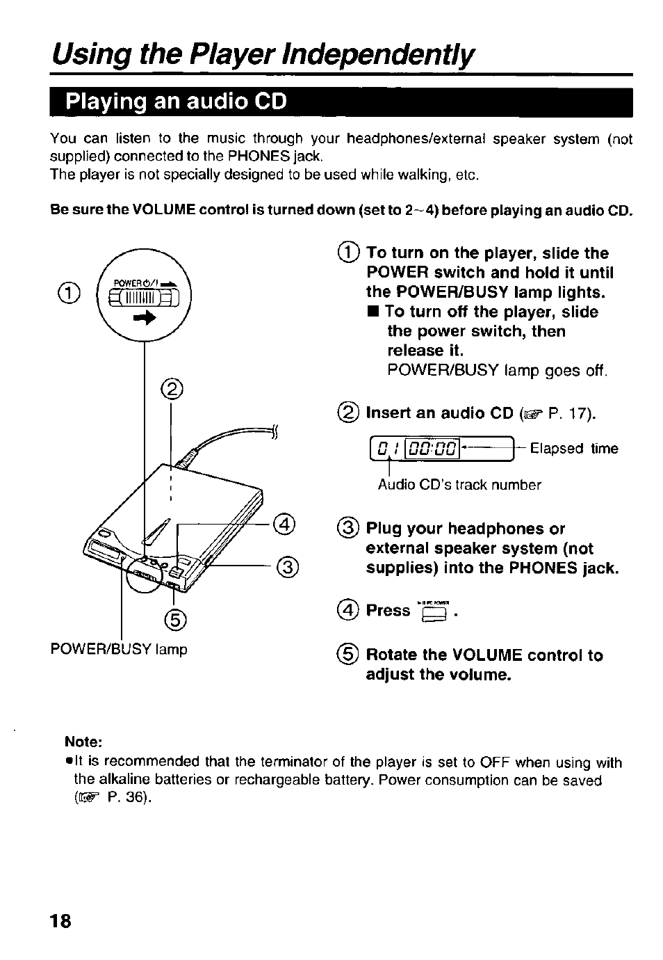 Using the player independently, Playing an audio cd | Panasonic Portable CD-Rom Player KXL-810A User Manual | Page 18 / 44
