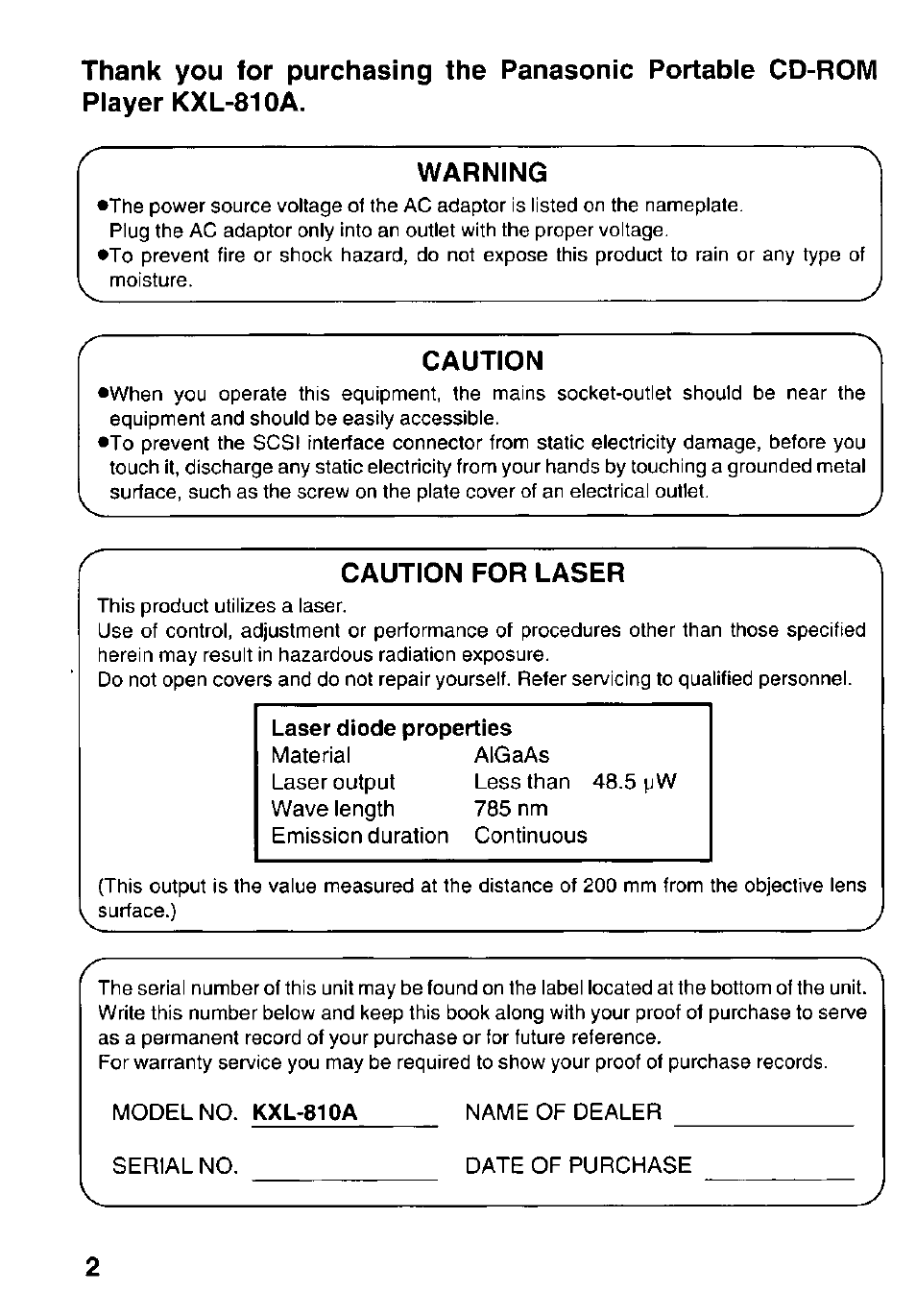 Warning, Caution, Caution for laser | Panasonic Portable CD-Rom Player KXL-810A User Manual | Page 2 / 44