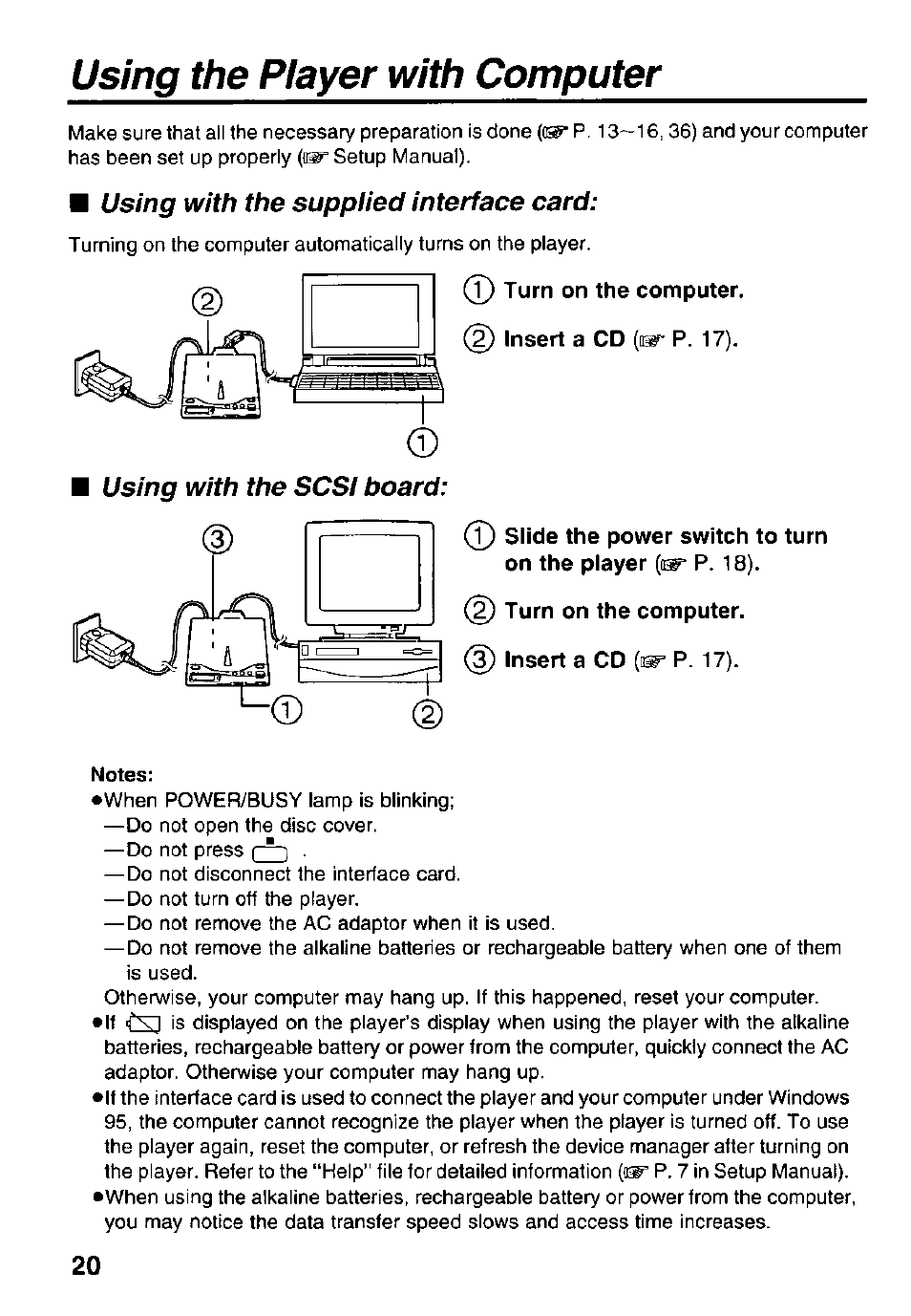 Using the player with computer, Using with the supplied interface card, Using with the scsi board | Panasonic Portable CD-Rom Player KXL-810A User Manual | Page 20 / 44