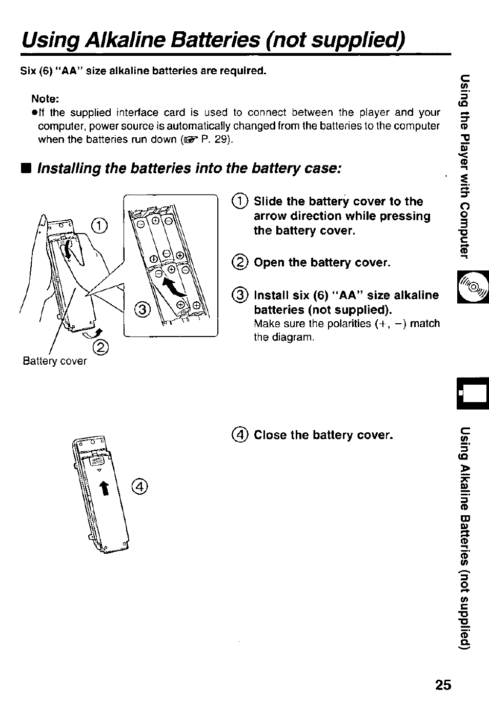 Using alkaline batteries (not supplied), Installing the batteries into the battery case | Panasonic Portable CD-Rom Player KXL-810A User Manual | Page 25 / 44